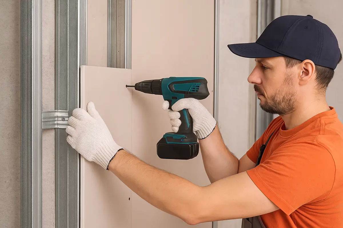 Un técnico montador atornillando una placa de yeso laminado a un montante